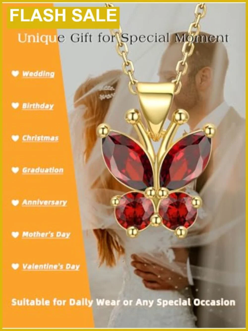 Butterfly Birthstone Necklace 18K Gold Plated Crystal Pendant 16in